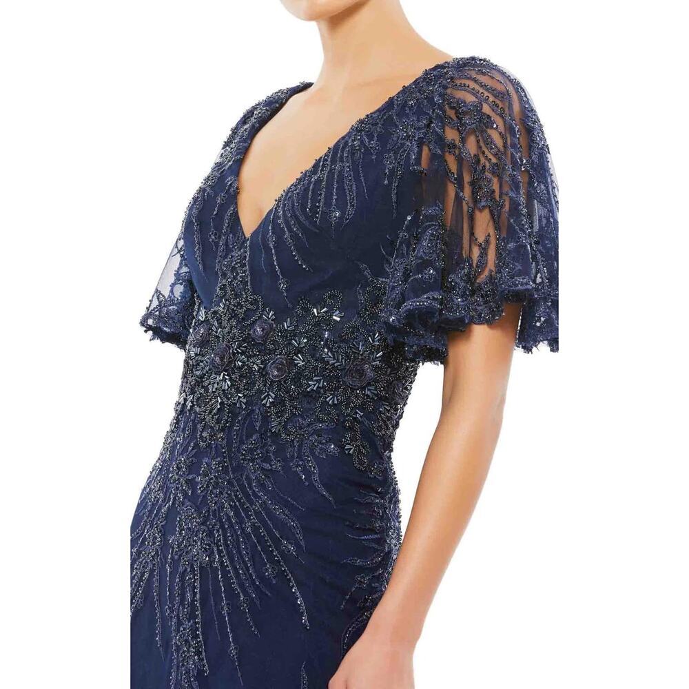 Mac Duggal Embroidered Embellishment Beaded Floral Rosette Dress Gown Maxi
